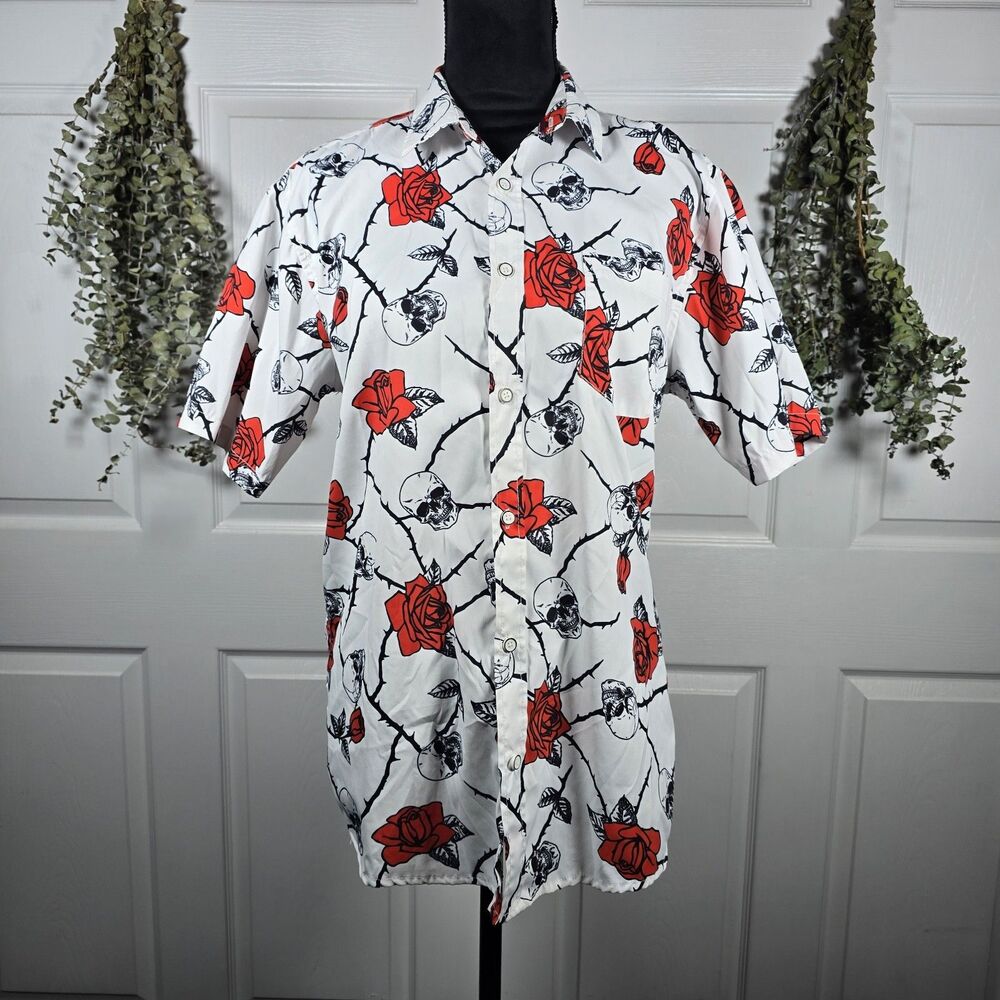 Triumph Tragedy White Skull Rose Thorns Button-down Mens Shirt Medium